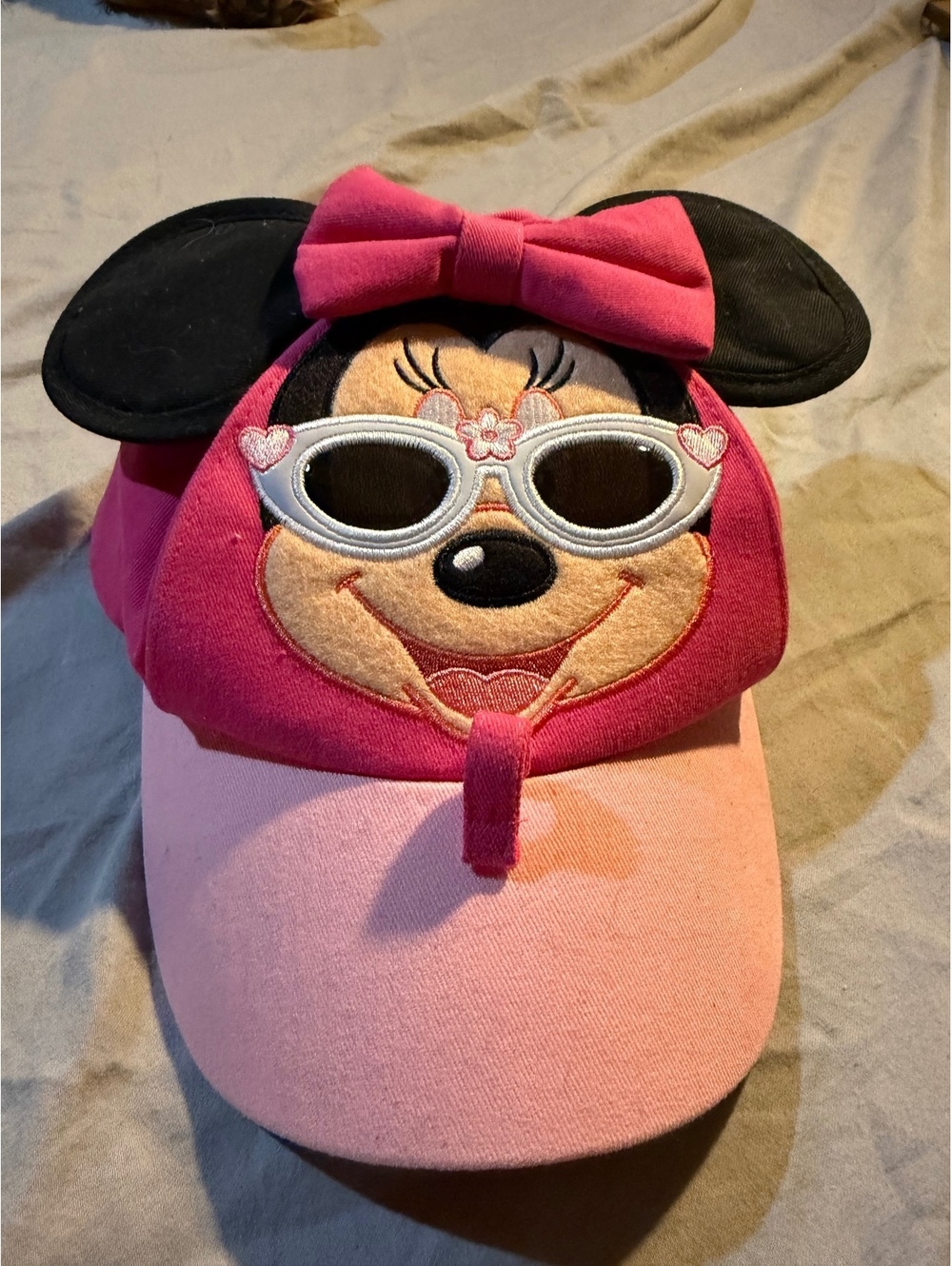 Disney Parks Toddler Minnie Mouse Coral Pink Cap Hat with Sunglasses Design